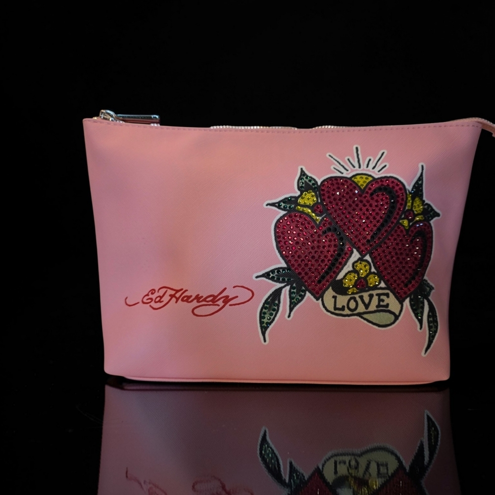 Vibrant Pink Cosmetic Bag/Clutch with Bold Rhinestone Hearts by Ed Hardy